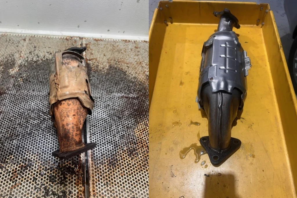 Before and after of a vapour blasted catalytic converter from a Toyota
