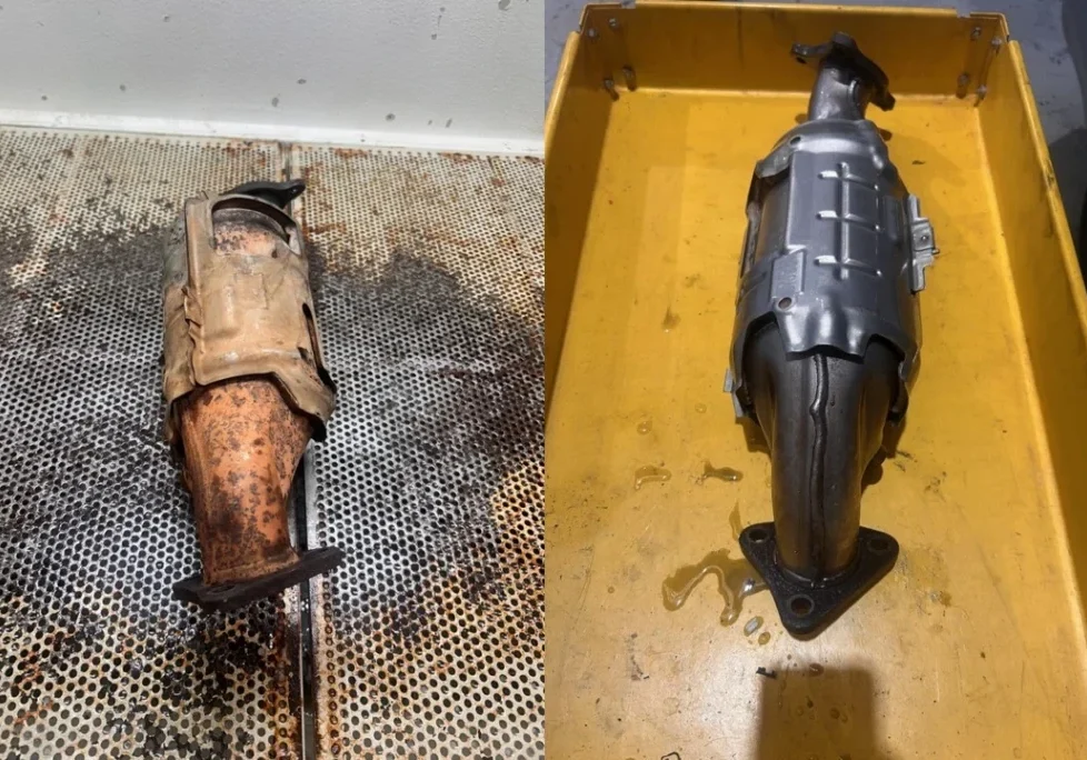 Before and after of a vapour blasted catalytic converter from a Toyota